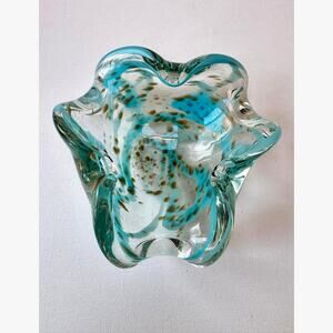 Murano Style Hand Blown Art Glass Bowl Aqua Turquoise Aventurine Flecks 7”